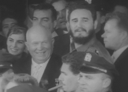 Figure 3. Castro, Khrushchev, and a lady interpreter outside the Hotel Theresa, 20 September 1960. From 'Fidel Castro in the US', 1960 [Screenshot]