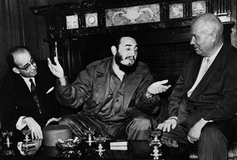 Figure 6. Nikita Khrushchev, Fidel Castro, and Raúl Roa at the Soviet Mission to the UN in New York, 23 September 1960