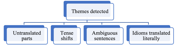 Figure 11. Themes detected in the professionals' reports on the MT output of Mendil Altında